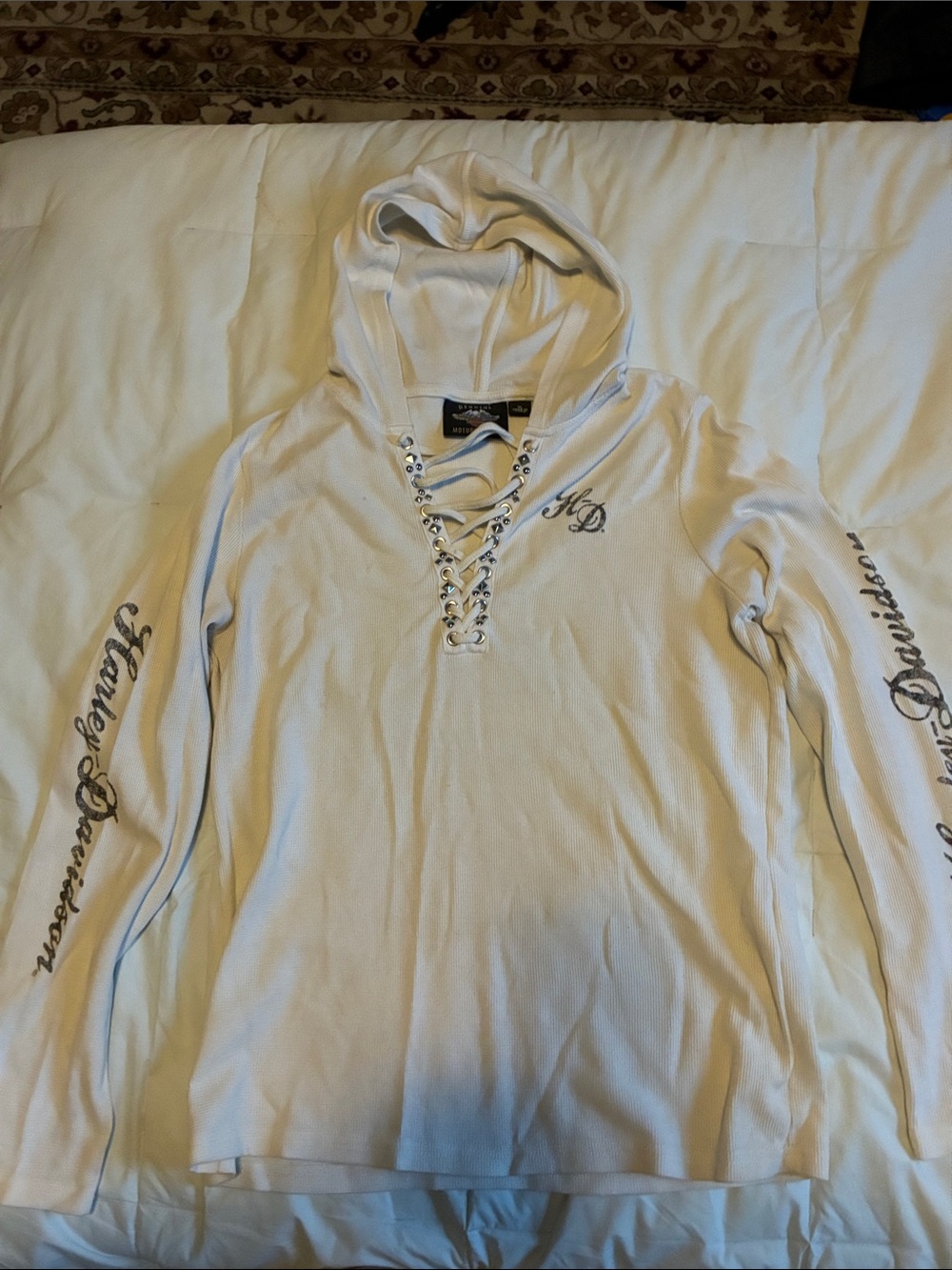 Harley-Davidson White Lace-Up Hooded Women's Turtleneck Sweater